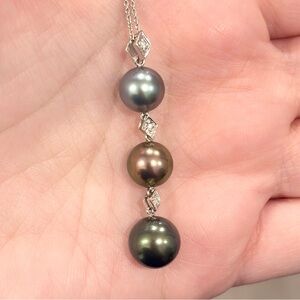 14K Multicolor Tahitian Pearl Drop Necklace Three Stone Diamond Journey